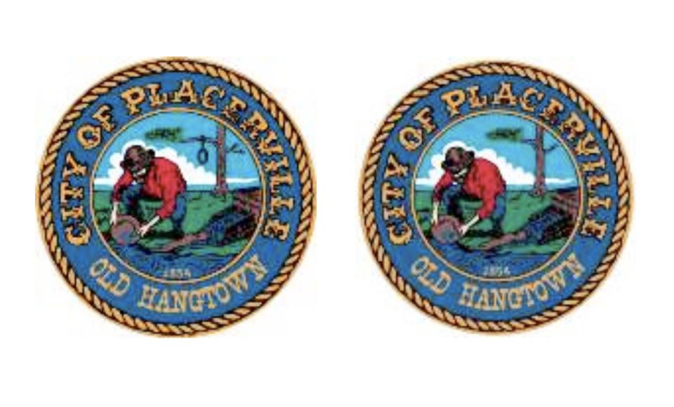 The current Placerville city logo and a proposed version of the logo without a noose dangling from a tree