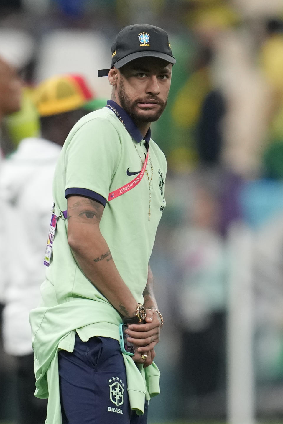 Brazil's Neymar gestures as he attends the World Cup group G soccer match between Cameroon and Brazil, at the Lusail Stadium in Lusail, Qatar, Friday, Dec. 2, 2022. (AP Photo/Natacha Pisarenko)
