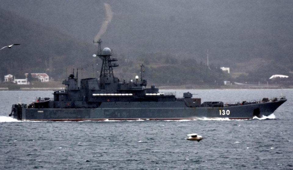 The Russian amphibious assault ships "Minsk," "Kaliningrad," and "Korolev" (seen here) pass through Dardanelles Strait on their way toward the Black Sea on Feb. 8, 2022.