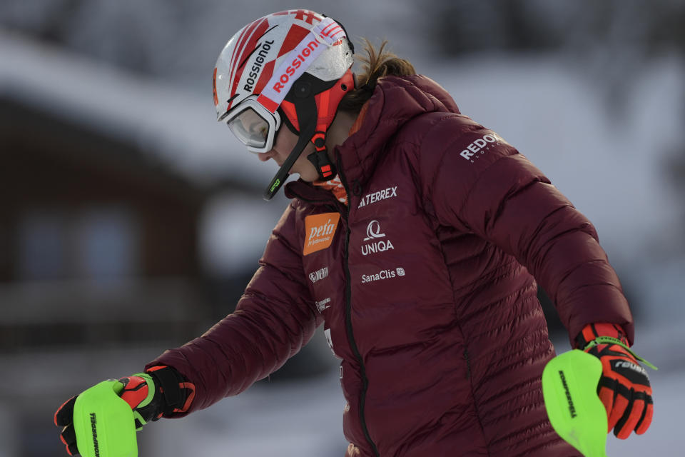 Slovakia's Petra Vlhova inspects the course prior to an alpine ski, women's World Cup slalom in Flachau, Austria, Tuesday, Jan.16, 2024. (AP Photo/Giovanni Auletta)