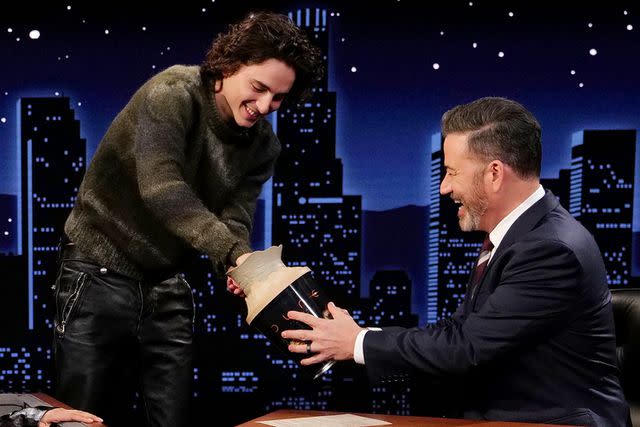 <p>Randy Holmes / Disney via Getty </p> 'Jimmy Kimmel Live!' with Timothee Chalamet