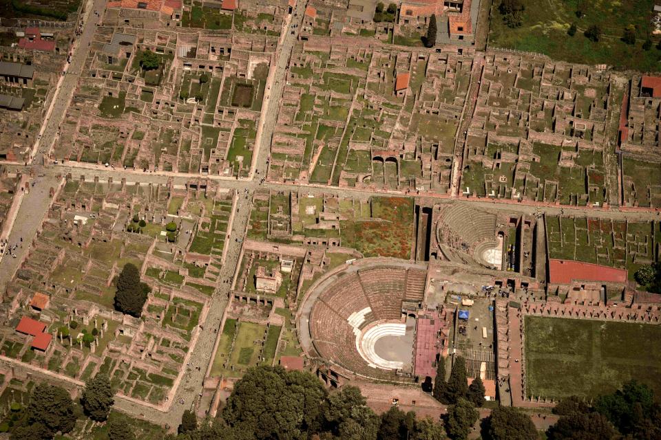 An aerial view of the archaeological site of Pompeii taken during the sixth stage of the Giro d'Italia, tour of Italy cycling race, from Naples to Naples, Italy, Thursday, May 11, 2023.