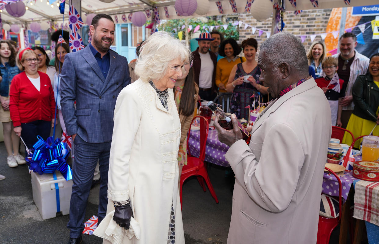 Camilla chats to actor Rudolph Walker in the market on EastEnders Platinum special (Jack Barnes/Kieron McCarron)