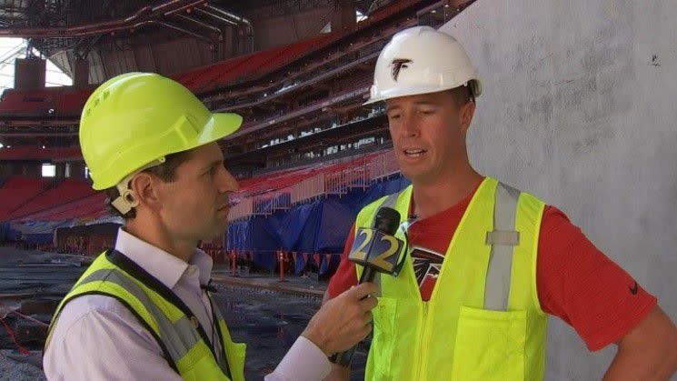 Channel 2 Sports Director Zach Klein talks with Falcons Quarterback, Matt Ryan, as he walks through his team's new home.