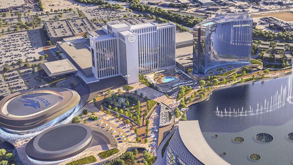 This rendering released by Grand Sierra Resort shows University of Nevada's future off-campus arena, left, set to be completed in 2026, and the existing Grand Sierra Resort, center, in Reno, Nev. The nearly $1 billion private capital investment will be the biggest in the city's history, according to officials of the Grand Sierra Resort. (Grand Sierra Resort via AP)