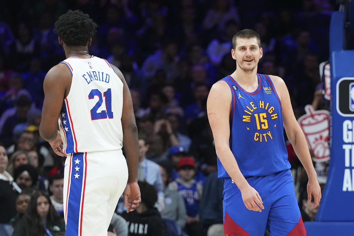Centers like Joel Embiid and Nikola Jokić are elite points league fantasy draft picks. (Photo by Mitchell Leff/Getty Images)