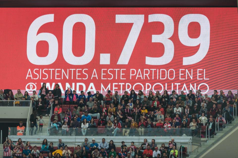 MADRID, SPAIN - MARCH 17: Number of visitors is seen on the score board during the Liga Iberdrola match between Atletico de Madrid and Barcelona at Wanda Metropolitano on March 17, 2019 in Madrid, Spain. (Photo by TF-Images/Getty Images)