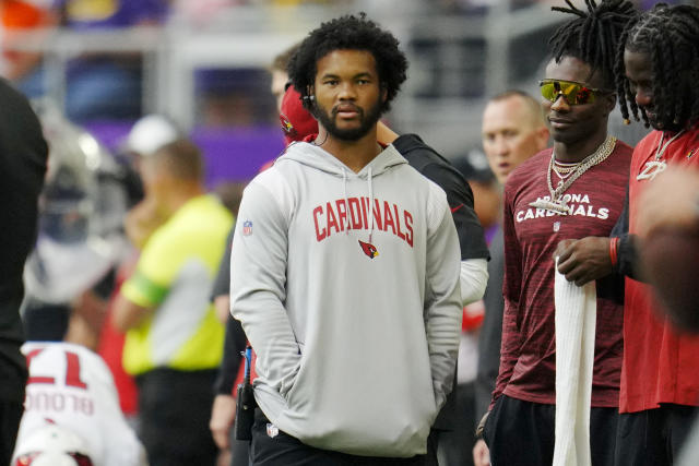 Arizona Cardinals wide receiver Davion Davis (10) runs down the field  during the first half of an NFL preseason football game against the  Minnesota Vikings, Saturday, Aug. 26, 2023, in Minneapolis. (AP