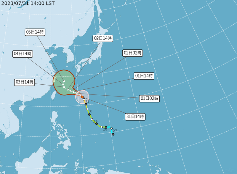 中央氣象局說明中度颱風「卡努」路徑。（中央氣象局提供）