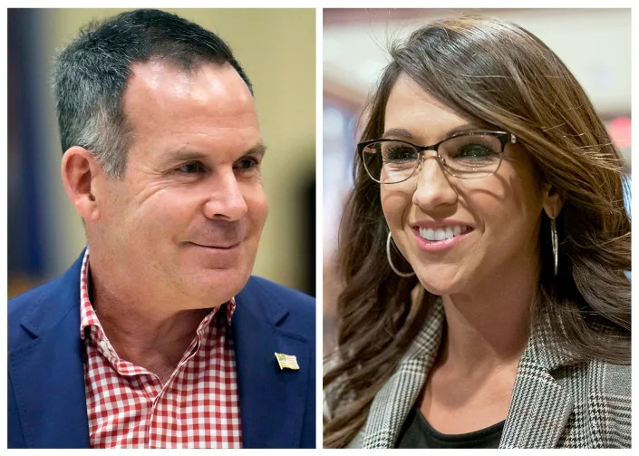 This combo image shows Democratic candidate for Colorado's 3rd Congressional District Adam Frisch, left, and U.S. Rep. Lauren Boebert, R-Colo., right.