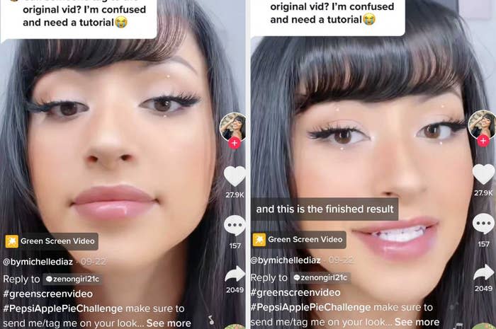 Screengrabs of the TikTok by Michelle Diaz showing the final eyeliner hack and look