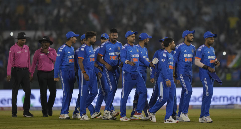 India's team members celebrate their win in the fourth T20 cricket match between Australia and India in Raipur, India, Friday, Dec. 1, 2023. (AP Photo/Mahesh Kumar A.)