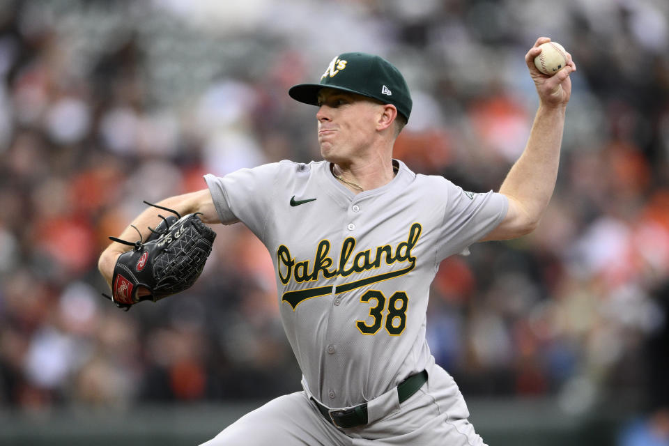 Oakland Athletics starting pitcher JP Sears throws during the second inning of a baseball game against the Baltimore Orioles, Saturday, April 27, 2024, in Baltimore. (AP Photo/Nick Wass)