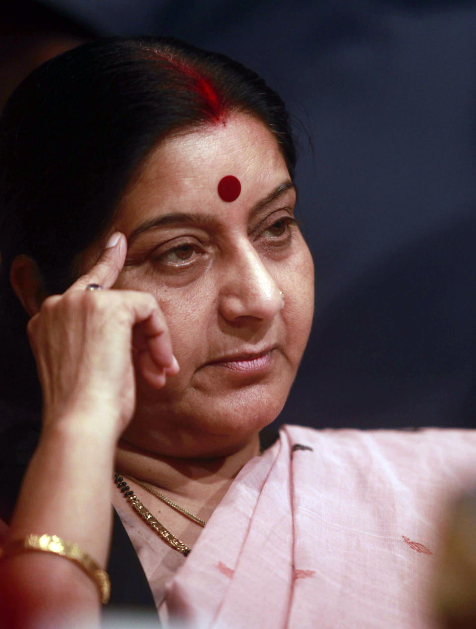 FILE - In this May 8, 2010 file photo, India's main opposition Bharatiya Janata Party (BJP) leader Sushma Swaraj attends the autobiography release of party colleague Venkaiah Naidu in Hyderabad, India. Swaraj passed away in a New Delhi hospital on Tuesday, Aug. 6, 2019. She was 67. (AP Photo/Mahesh Kumar A., File)