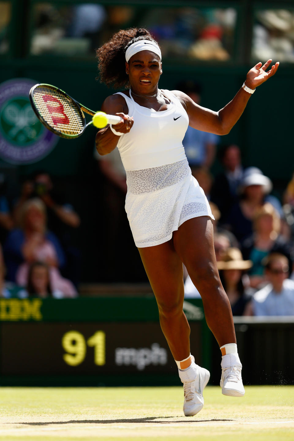 LONDON, ENGLAND - JULY 11:  Serena Williams of the United States plays a forehand in the Final Of The Ladies' Singles against Garbine Muguruza of Spain during day twelve of the Wimbledon Lawn Tennis Championships at the All England Lawn Tennis and Croquet Club on July 11, 2015 in London, England.  (Photo by Julian Finney/Getty Images)