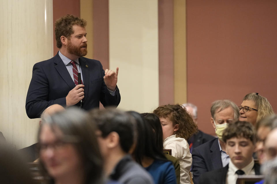 Minnesota House Rep. Zack Stephenson speaks during the first day of the 2023 legislative session, Tuesday, Jan. 3, 2023, in St. Paul, Minn. (AP Photo/Abbie Parr)