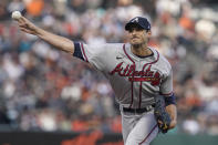 Atlanta Braves' Charlie Morton pitches against the San Francisco Giants during the first inning of a baseball game in San Francisco, Saturday, Sept. 18, 2021. (AP Photo/Jeff Chiu)