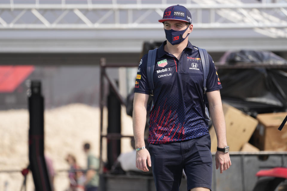 Red Bull driver Max Verstappen of the Netherlands arrives for the first practice session Losail, Qatar, Friday Nov. 19, 2021 ahead of the Qatar Formula One Grand Prix. (AP Photo/Darko Bandic)