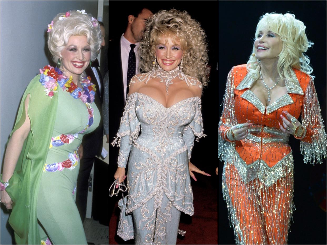 Dolly Parton in three looks: Green ensemble with flowers, blue and crystal adorned dress, orange and crystal tassel jumpsuit.