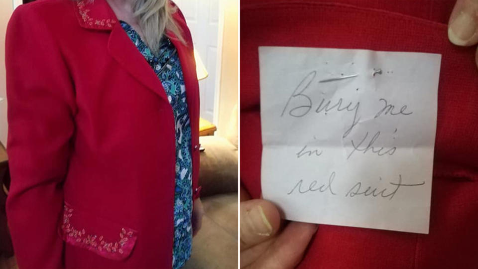 A woman found a strange note in the pocket of a jacket she found at a second hand store. Source: Facebook