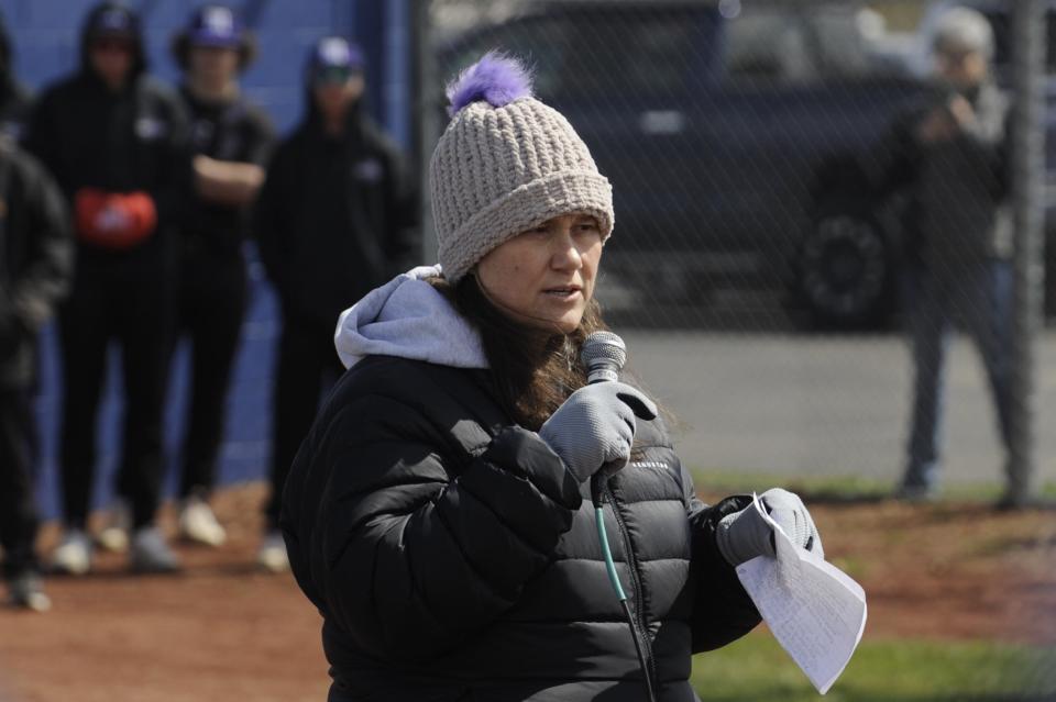 Corinna Kunkel, mother of the late Adena baseball alumni Eli Kunkel, gave a speech in a ceremony to retire Eli's number ahead of the Warriors' 2024 season opener against McClain on March 23, 2024, in Frankfort, Ohio.