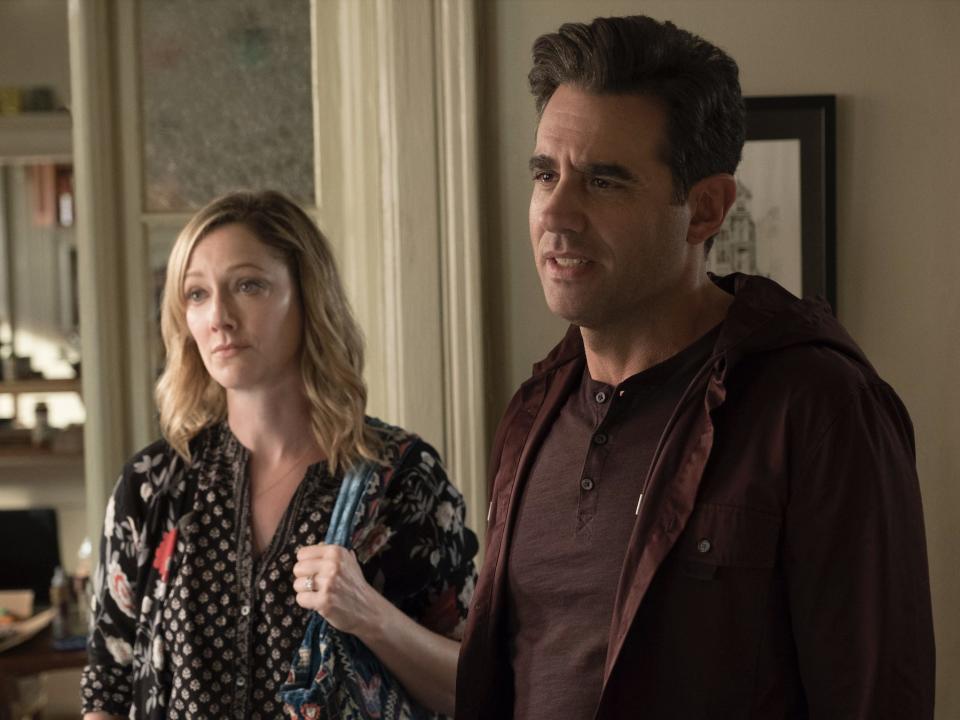 Judy Greer as Maggie Lang and Bobby Cannavale as Jim Paxton.