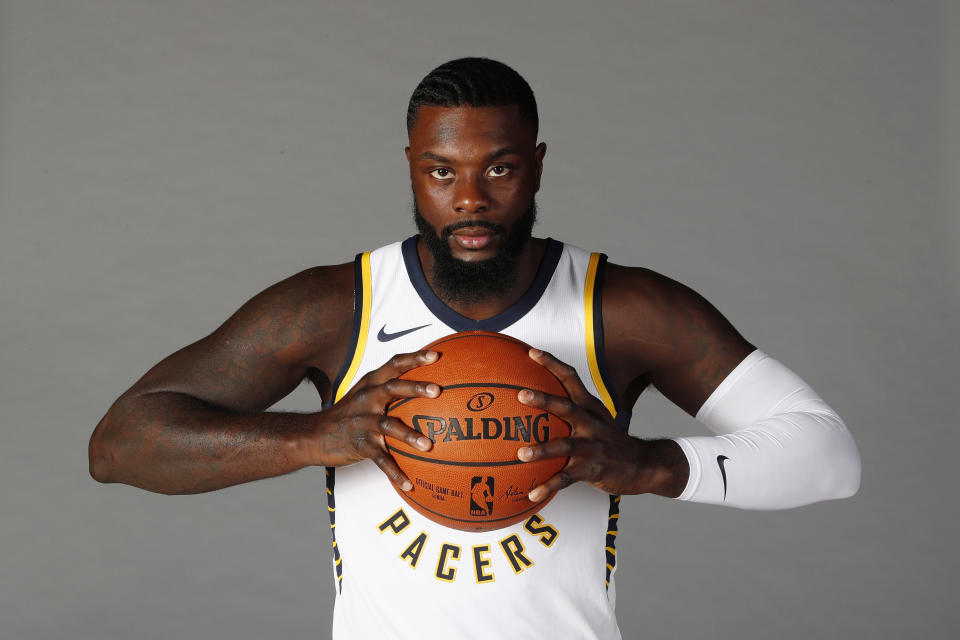 Sep 25, 2017; Indianapolis, IN, USA; Indiana Pacers guard Lance Stephenson (1) poses for a photo on Media Day at St. Vincent Center.