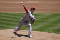 Los Angeles Angels' Shohei Ohtani throws against the Oakland Athletics during the first inning of a baseball game in Oakland, Calif., Sunday, July 26, 2020. (AP Photo/Jeff Chiu)