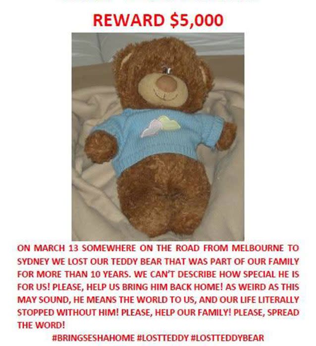 The teddy bear post: $5,000 reward to anyone who finds it along the Hume Highway and returns to the Mironovs. Photo: Facebook/Alexey Mironov