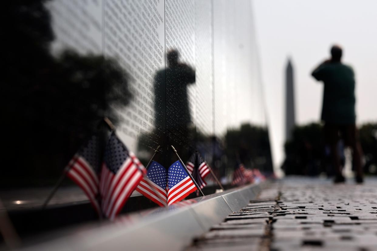 American flags are seen at the Vietnam Veterans Memorial on National POW/MIA Recognition Day on the National Mall on September 16, 2022 in Washington, DC.