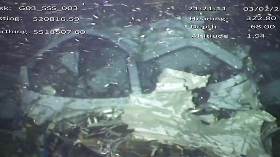 This still made from video provided by the Air Accidents Investigation Branch showing the wreckage of the plane which crashed into the Channel on Jan. 21, 2019 killing footballer Emiliano Sala.