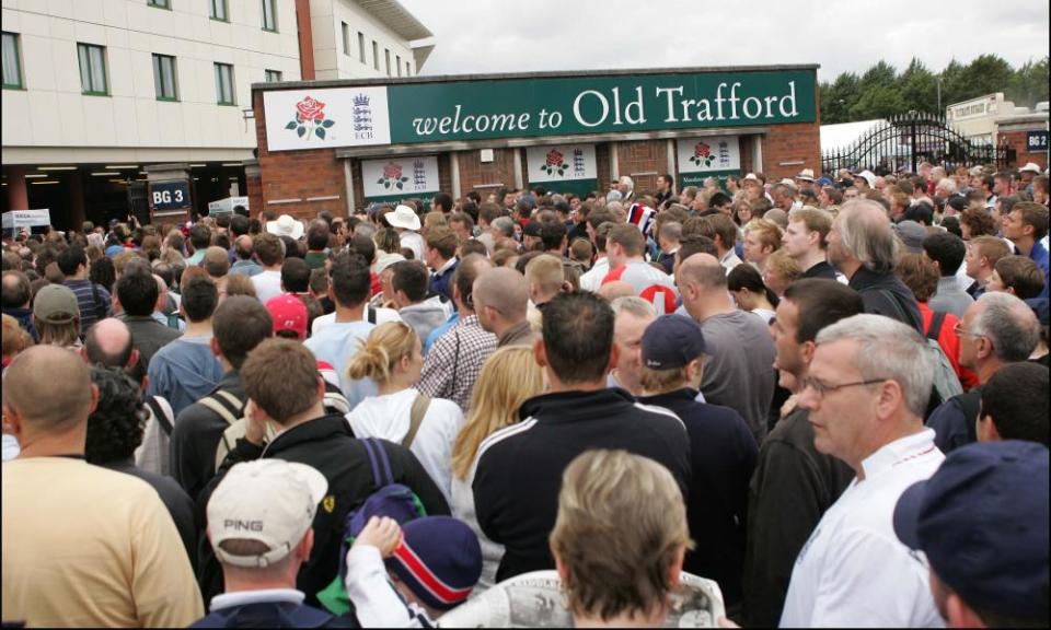 Cricket fans queue up outside Old Trafford to see the third Test between England and Australia in 2015.