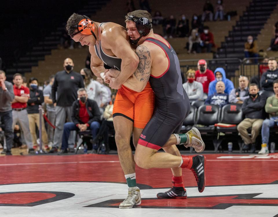 Rutgers'  197-pounder Greg Bulsak (right), shown wrestling Princeton's Luke Stout on Feb. 18, has a chance to contend in a wide-open weight class in the NCAA Tournament.