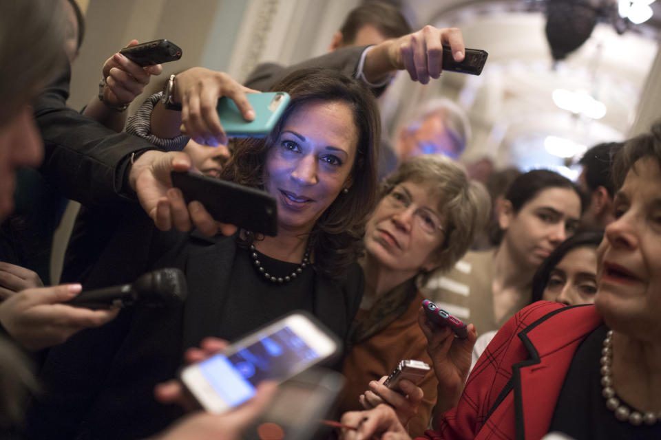 Sen.-elect Kamala Harris (D-Calif.) is surrounded by reporters who were questioning Sen. Dianne Feinstein (D-Calif.) after the Senate Democratic Caucus leadership elections in the Capitol on Nov. 16, 2016.