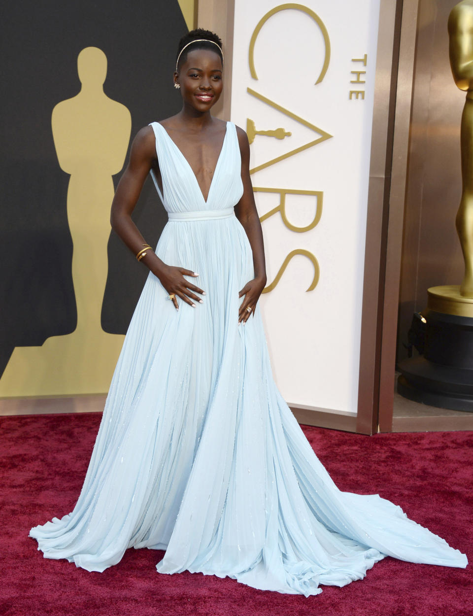 FILE - In this March 2, 2014 file photo, Lupita Nyong'o arrives at the Oscars in Los Angeles. Nyong'o, wearing a light blue Prada gown, won the Oscar for best supporting actress for her role in "12 Years a Slave." (Photo by Jordan Strauss/Invision/AP, File)