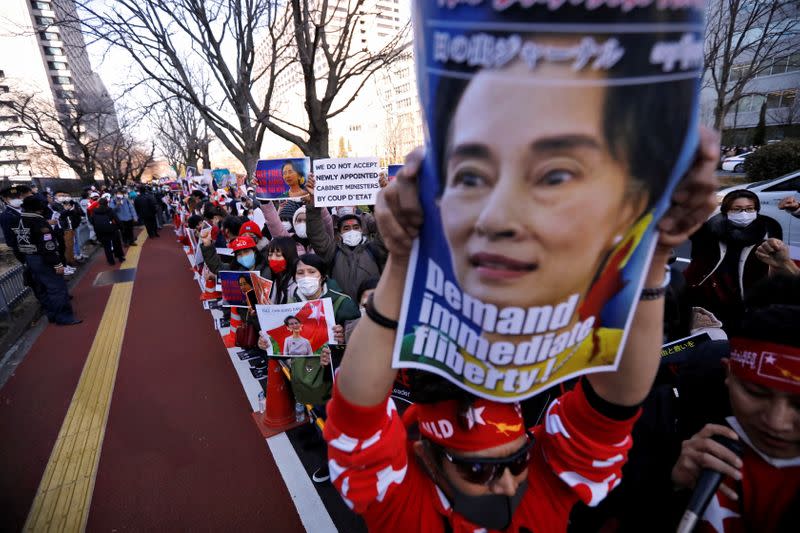 Protesters from Myanmar residing in Japan rally against Myanmar's military, in Tokyo