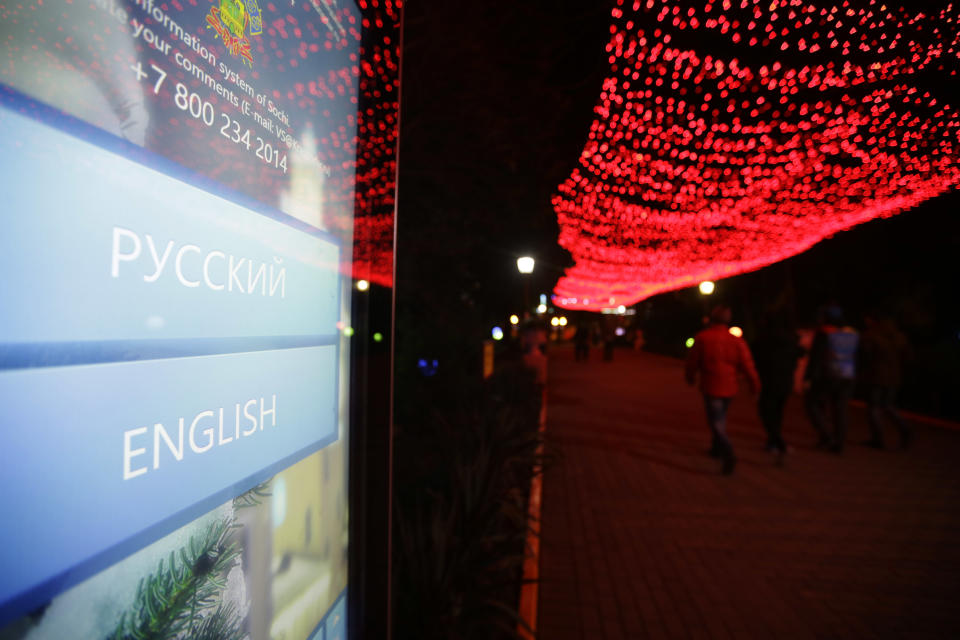 In this photo taken Monday, Feb. 10, 2014, an information kiosk offers help in English as well as Russian to visitors at Riviera Park in central Sochi, Russia. Vladimir Putin isn’t the only one who has a lot riding on the success of the Sochi Olympics. Local businesses and residents have a lot to gain if these Olympics fulfill Putin’s pledge to turn Sochi and its environs from a summer playground for well-off Russians into a year-round international resort for everyone. But that’s a big “if.” (AP Photo/David Goldman)