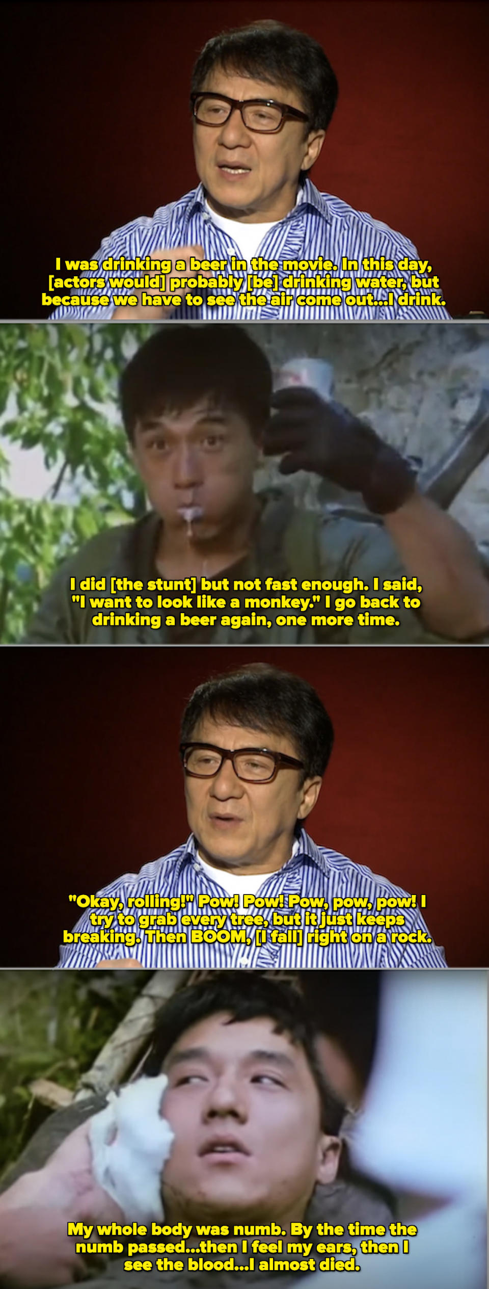 Jackie Chan being interviewed, as well as blooper stills from the movie "Armour of God" with Jackie drinking beer and lying on the ground