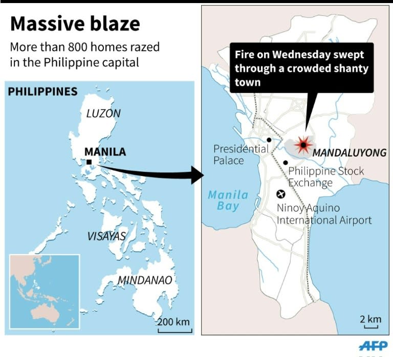 Map of the Philippine capital locating a huge fire that razed more than 800 homes on Wednesday. 90 x 81 mm