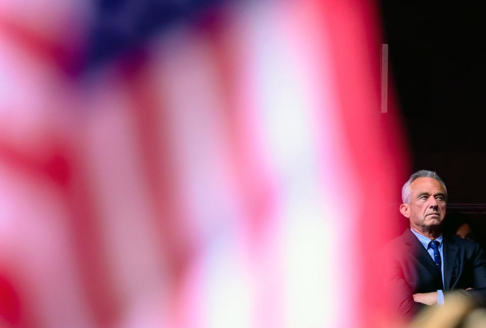 <span>Independent presidential candidate Robert F. Kennedy Jr watches his running mate Nicole Shanahan speak during a campaign event in Oakland, California on March 26, 2024</span><div><span>JOSH EDELSON</span><span>AFP</span></div>