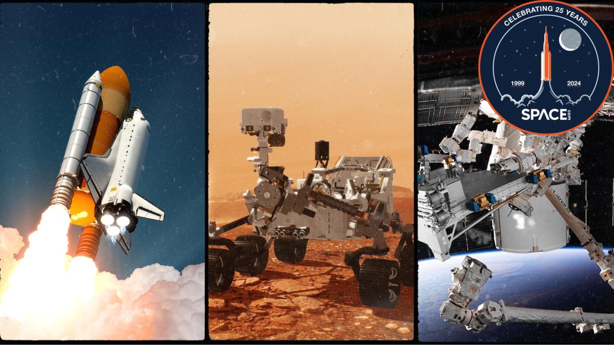  25 years of spaceflight in three slides showing a space shuttle, Mars rover and SpaceX Dragon capsule in orbit. 