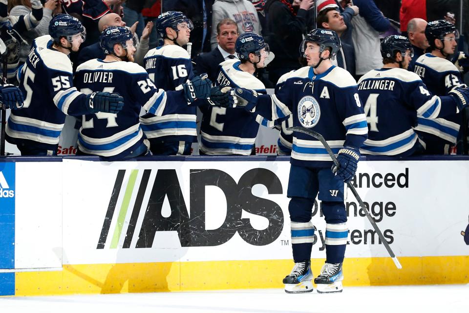 Apr 6, 2024; Columbus, Ohio, USA; Columbus Blue Jackets defenseman Zach Werenski (8) celebrates his goal against the Philadelphia Flyers during the third period at Nationwide Arena. Mandatory Credit: Russell LaBounty-USA TODAY Sports