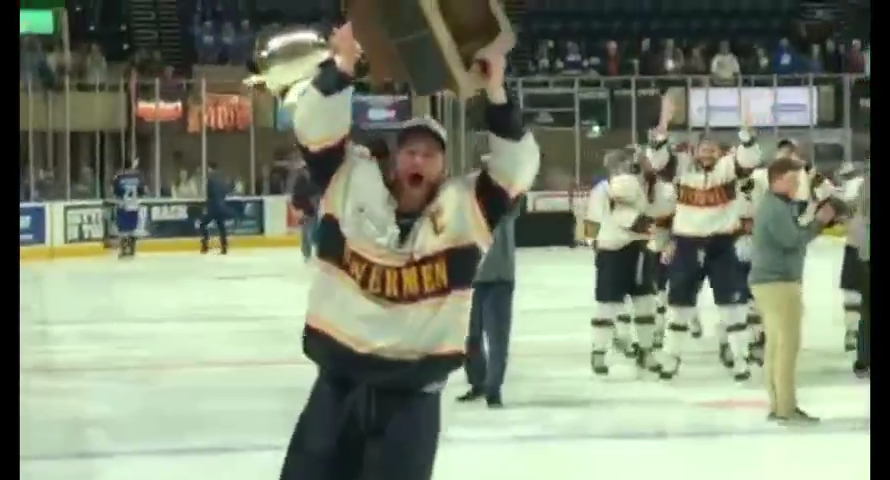 Peoria Rivermen skate with the SPHL President's Cup after clinching title with Game 4 win over Roanoke at Berglund Center on May 3, 2022.