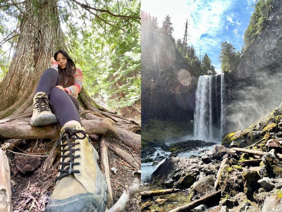 ashley probst hiking on left with boots in foreground, waterfall on the right