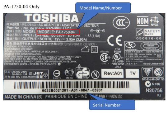 Recalled Toshiba AC Adapter with model name/number for PA-1750-04 and serial number location (Courtesy U.S. Consumer Product Safety Commission)