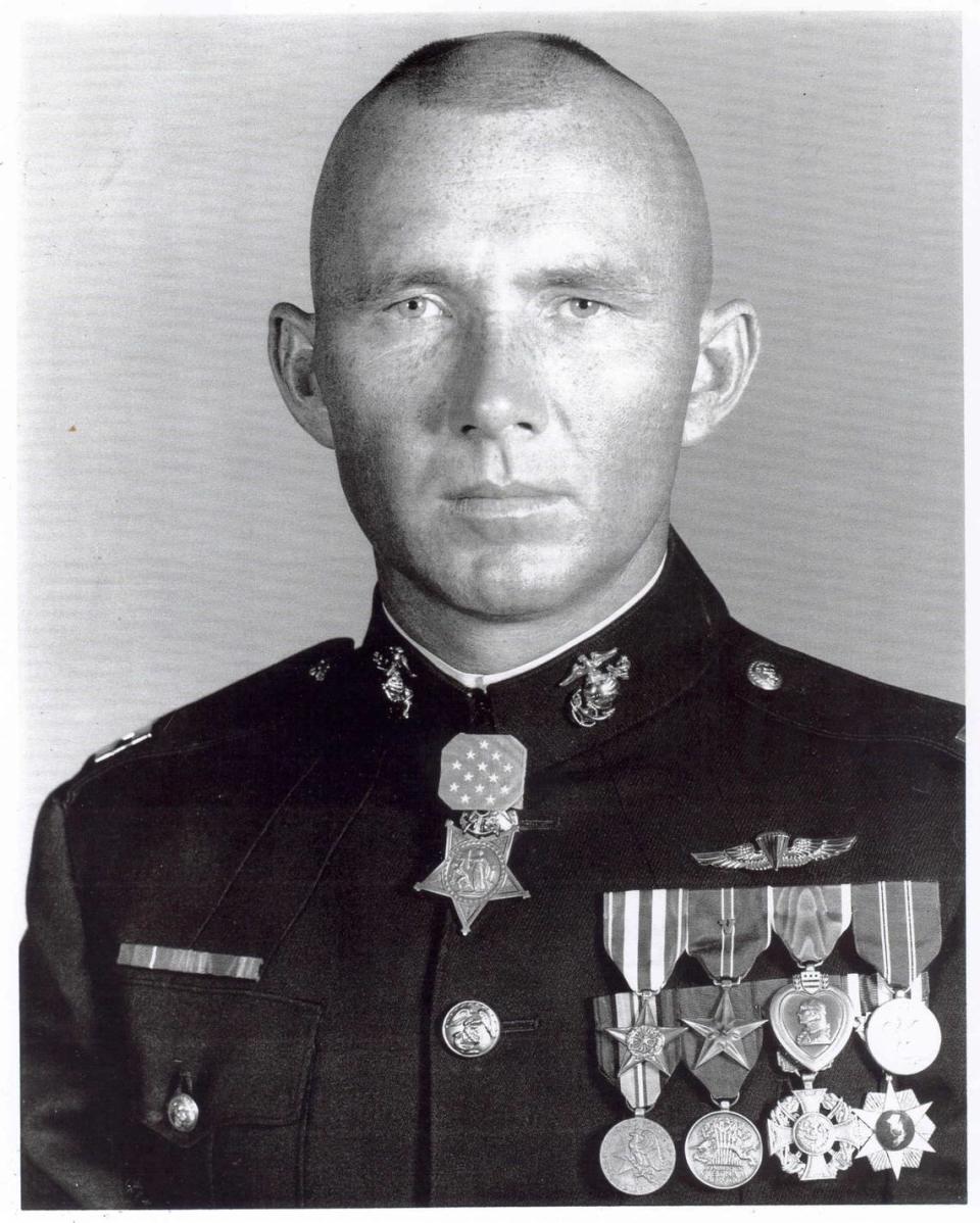 Then-Capt. James E. Livingston received the Medal of Honor “for conspicuous gallantry and intrepidity at the risk of his life above and beyond the call of duty while serving as Commanding Officer, Company E, in action against enemy forces.”