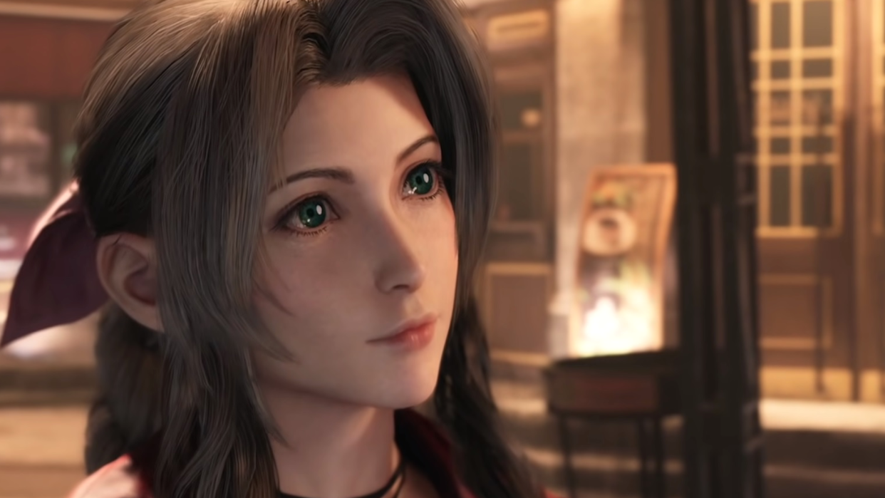  Aerith, a peppy and optimistic character in Final Fantasy 7 Remake, looks a tad confused towards the right of the screen. 