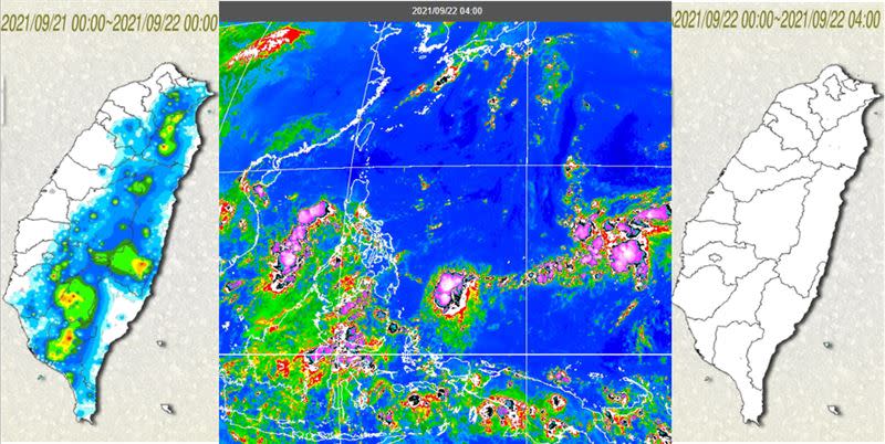 昨(21)日午後仍有對流發展，主要在山區，擴及部分平地(左圖)。今(22日)晨4時紅外線色調強化雲圖顯示，關島東方、菲律賓東方及南海各有熱帶雲簇消長，台灣晴朗無雲(中圖)；各地無降雨(右圖)。