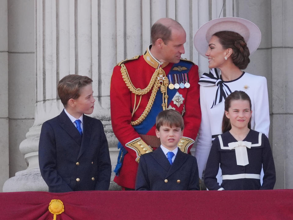 Prince George, the Prince of Wales, Prince Louis, the Princess of Wales and Princess Charlotte on the balcony of Buckingham Palace, London, to view the flypast following the Trooping the Colour ceremony in central London, as King Charles celebrates his official birthday. Picture date: Saturday June 15, 2024. (Photo by Jonathan Brady/PA Images via Getty Images)