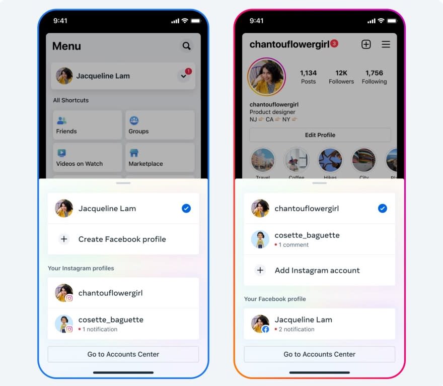 用戶可以使用現有的FB或IG登入介面來創立新的帳號，然後加到同一個帳戶中心，就可以在一個地方查看自己在兩個平台的個人資料，也可以同時看到兩個平台有多少通知。   圖：翻攝自Meta官網